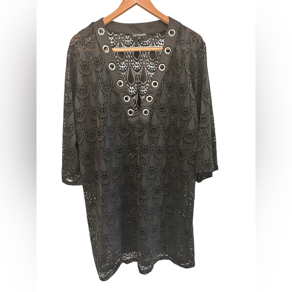 Club Z Collection Swim Coverup Plus Size 2X Black Stretch Mesh Lace Tunic